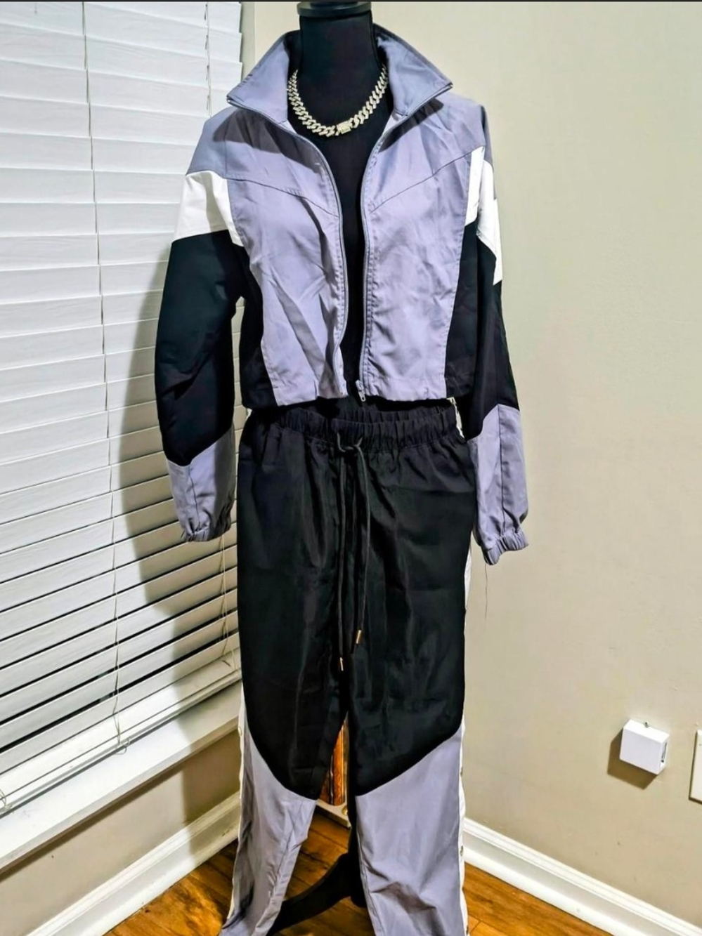 Fashion Nova Black, Lavender & White Colorblock Cropped Bomber